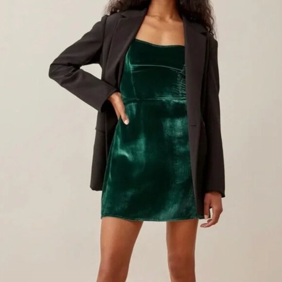 Reformation Minna Velvet Dress in Green - Picture 2 of 4